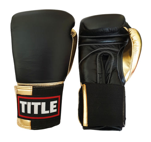 Title Leather Sparring Gloves: Black with Gold Thumb